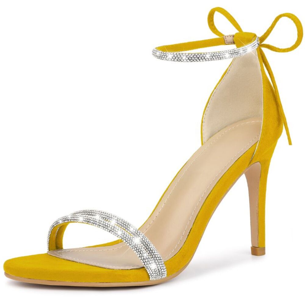 Rhinestone Ankle Tie Stiletto Heels Sandals Yellow